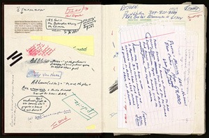 Inside front cover of notebook labeled “David Wallace Reward for Return” for The Pale King; contains reading notes, clippings, and writings related to The Pale King. © David Foster Wallace  Literary Trust.